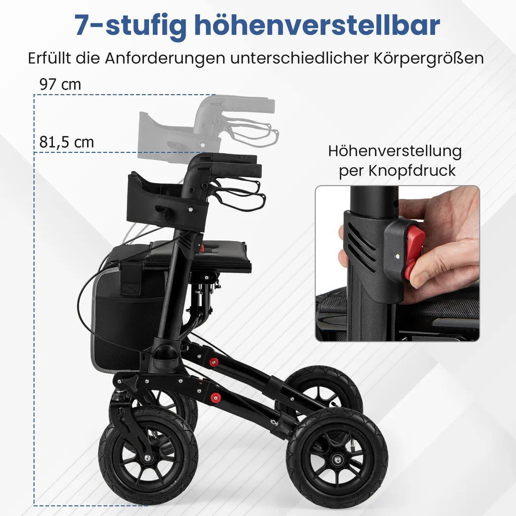 Coast Opvouwbare Rollator Zwart – 2-in-1 Reisrollator met Zitje en Luchtbanden – 62 x 82 x 81,5-97 cm