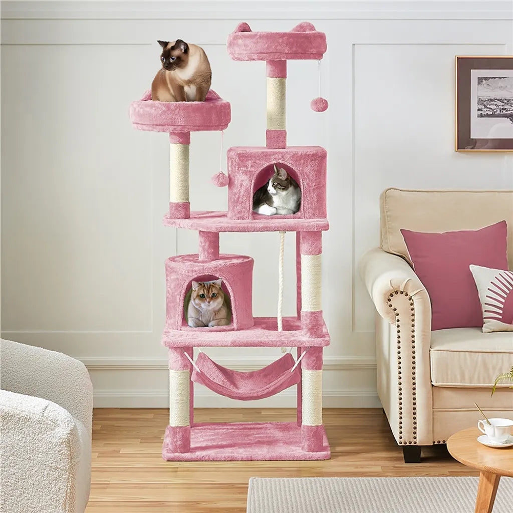 Yaheetech Krabpaal 158 cm - Roze - Kattenboom met 2 Kattengrotten, Hangmat en Sisalpalen