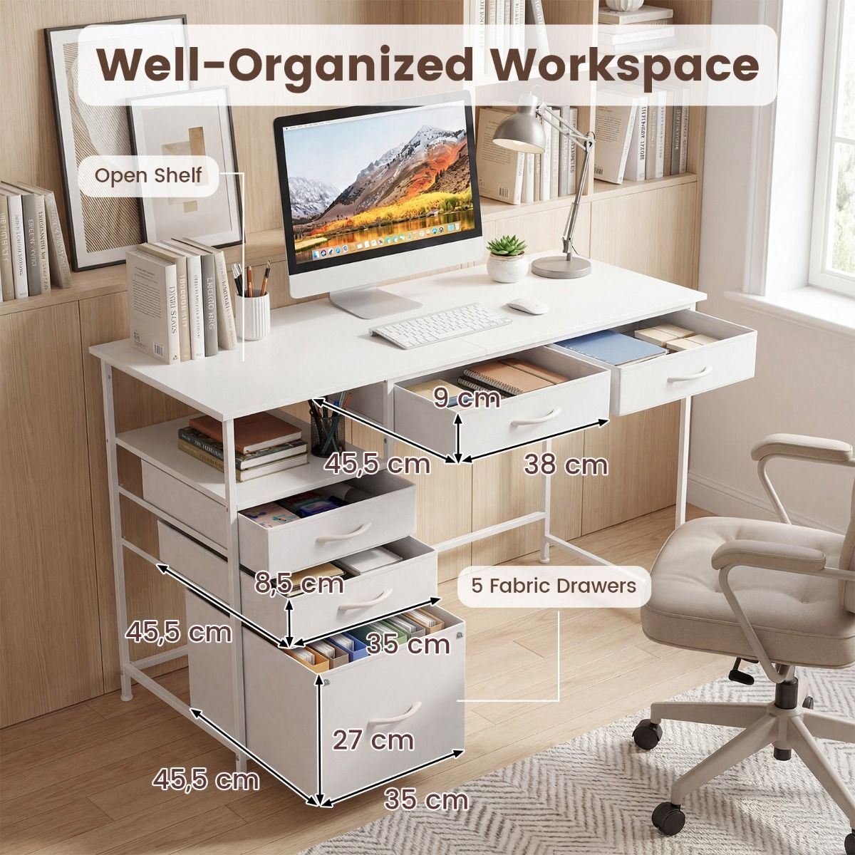 Coast Computerbureau - met opbergruimte en open plank - 5 stoffen lades - metalen frame - 120 x 50 cm - café & zwart