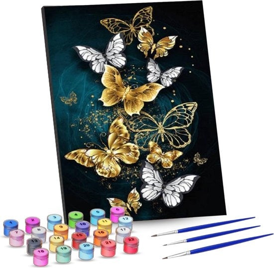 Rubye® Schilderen Op Nummer Volwassenen – Vlinders – Inclusief Penselen – Canvas Schildersdoek – Kleuren op Nummer – 40x50cm
