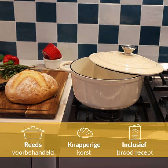 Gietijzeren Pan Chefarone 4.7L - PFAS vrij - Braadpan Inclusief Deksel - Kookpan voor alle Warmtebronnen - Kookpot Ø 26CM - Geëmailleerd Creme Wit - Cadeau voor vrouwen