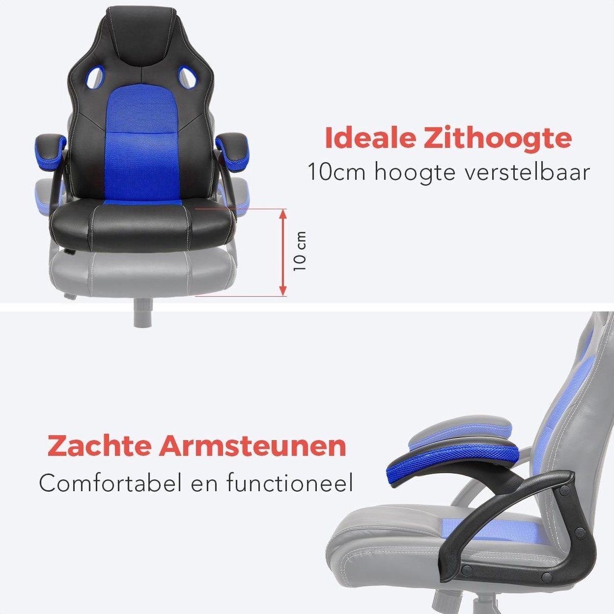LifeGoods Gamestoel - Verstelbaar - Gaming stoel - Kunstleer - Blauw/Zwart