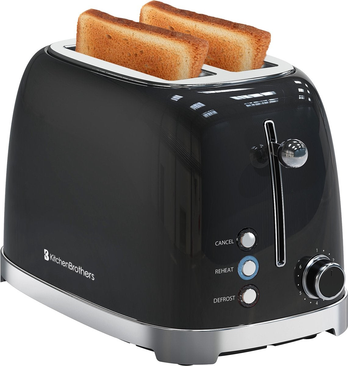 KitchenBrothers Retro Broodrooster - Toaster - 6 Warmteniveaus - 2 Extra Brede Sleuven - 815W - Zwart