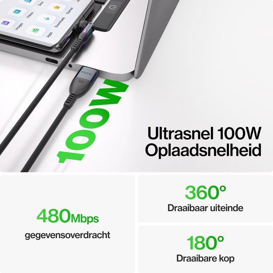 Statik PowerPivot Pro USB-C naar USB-C Kabel 2m - 100W - 480 Mbps Data Transfer - Nylon Gevlochten - Zwart