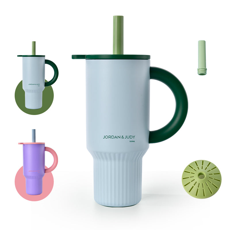 JORDAN&JUDY Subor dubbelwandige stalen beker met rietje, waterbeker voor in de auto, hoogwaardige ijscup groen (920ml)