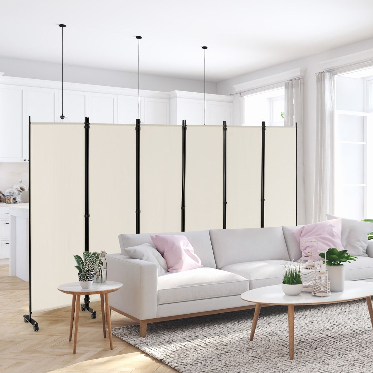 Coast Opvouwbare Kamerscherm 6-Panelen met Vergrendelbare Wielen - Wit - 334,5 x 172 cm