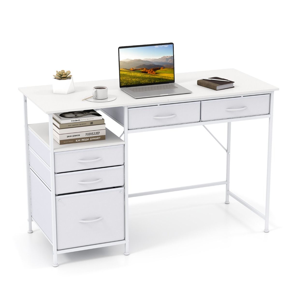 Coast Computerbureau - met opbergruimte en open plank - 5 stoffen lades - metalen frame - 120 x 50 cm - café & zwart