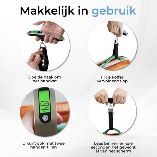 TTD® Kofferweegschaal met Verlicht Scherm - Weegcapaciteit 50 kg - Bagageweegschaal - Bagageweger - Hangweegschaal - Digital Luggage Scale - Kofferweger - Reizen met Vliegtuig - kg/g/lbs/oz - Inclusief Batterijen - Zwart