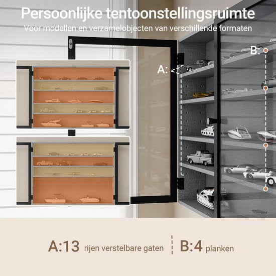 SoBuy Wandvitrine – 4 Verstelbare Legplanken – Glazen Deuren – 80 x 12,2 x 60 cm – Zwart/Grijs