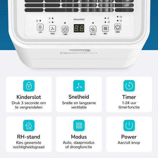 Bloomfold Luchtontvochtiger - 12L per Dag - Incl. Was-droog Functie - Geschikt voor Woonkamer, Slaapkamer, Kelder & Badkamer - Dehumidifier - Wit