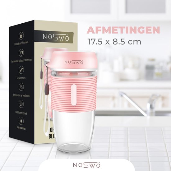 Noswo - Blender To Go - Draagbare Blender - Portable Blender - Mini Blender voor Onderweg - Smoothie Maker - Draadloze Blender - Roze