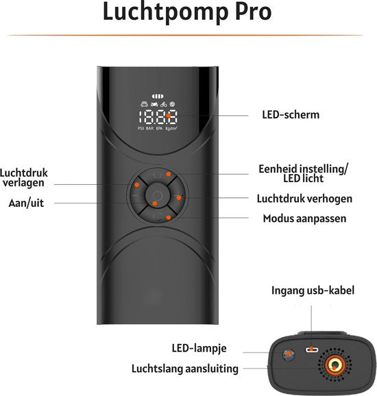 Draagbare luchtcompressor - elektrische fietspomp - bandenpomp voor auto, motor, fiets, bal, luchtbed - Krachtig: 6.000 mAh
