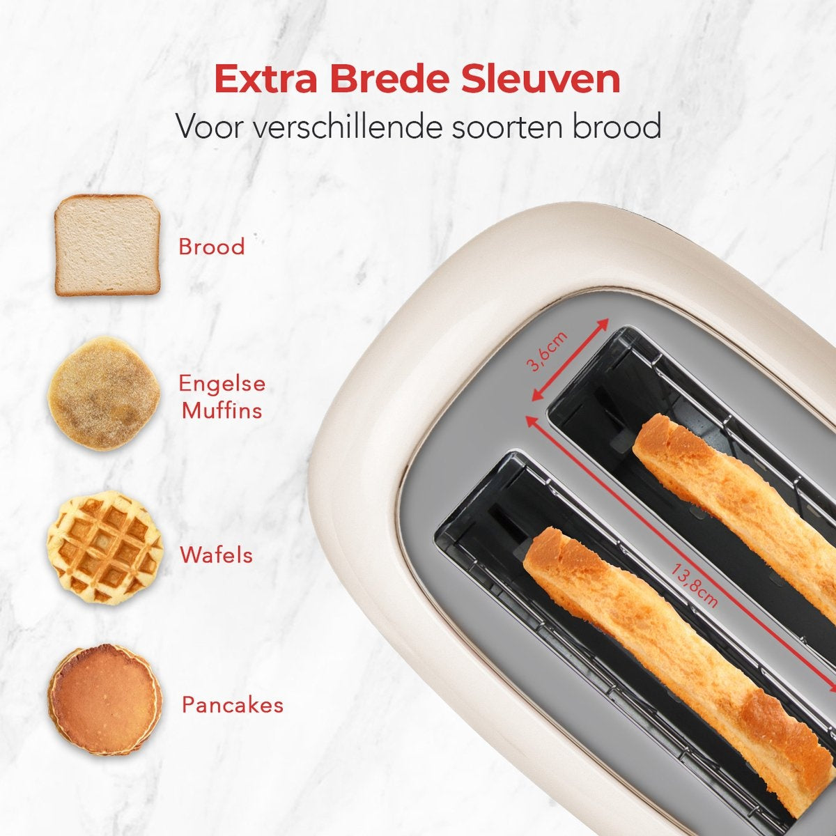 KitchenBrothers Retro Broodrooster - Toaster - 6 Warmteniveaus - 2 Extra Brede Sleuven - 815W - Beige