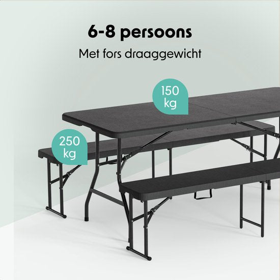 LifeGoods Inklapbare Picknickset - 180cm x 74cm - Tuintafel met 2 Banken - Weerbestendig - Campingtafel - Biertafel Opklapbaar - Voor Binnen en Buiten - Voor 6 tot 8 Personen - Rattan Zwart