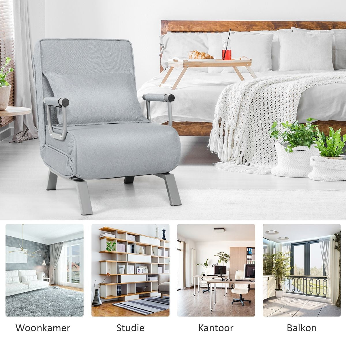 Coast Cabrio Sleep Sofa Vouwbare fauteuil Besinbedbank Bank Bed 5-Positie Liesstoel Lichtgrijs