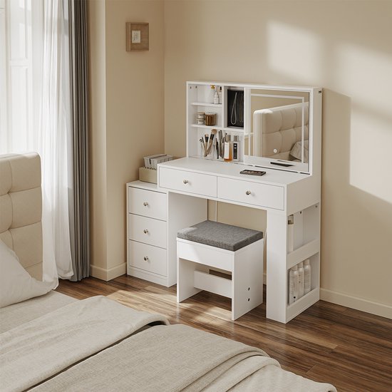 SoBuy Bureau met LED-spiegel 120 x 40 x 127 cm - Wit - 5 Laden - 1 Deur