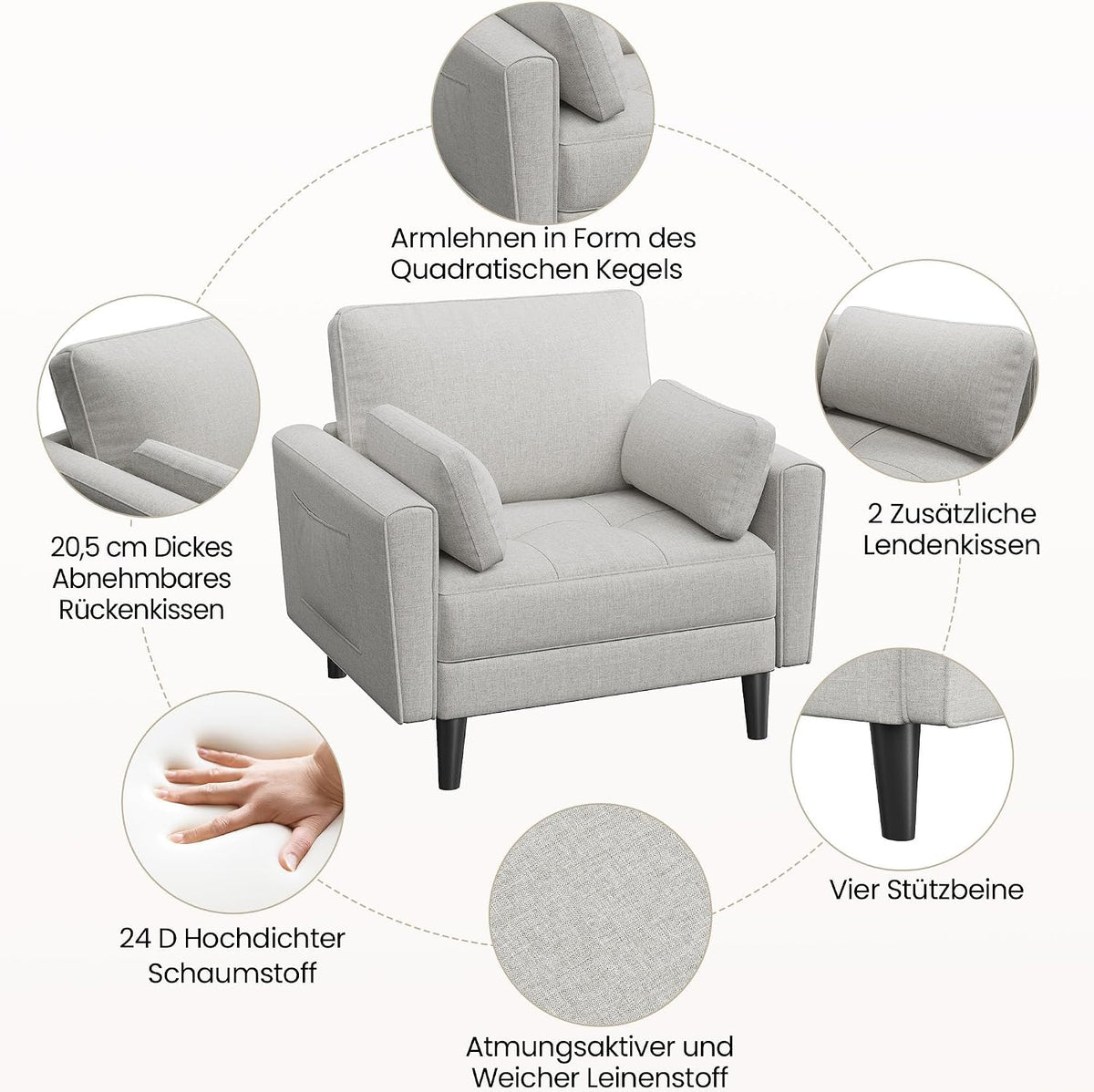 Yaheetech Loveseat Linnen Bank - Grijsbeige - 102,5 x 75 x 85,5 cm - Met 2 Kussens en Zijzakken