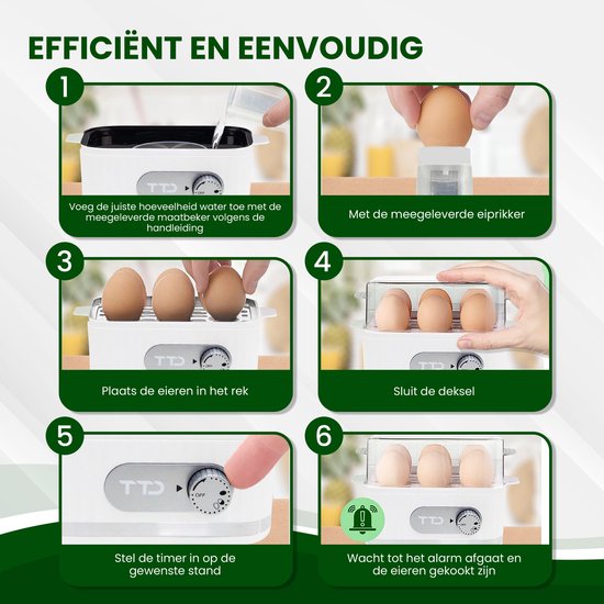 TTD® Smart Eierkoker Elektrisch met Timer - Geschikt voor 1 tot 6 Eieren - Hardgekookt, Zachtgekookt of Halfzacht - Eierwekker - Eierkoker Electrisch - Inclusief Eierprikker en Maatbeker