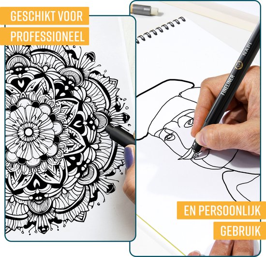 NAPI 10 Fineliners Zwart Incl. Brush Pen & Liniaal - 0,2 tot 3mm - Pennen Zwart - Bullet Journal Accessoires - Tekenpennen Set