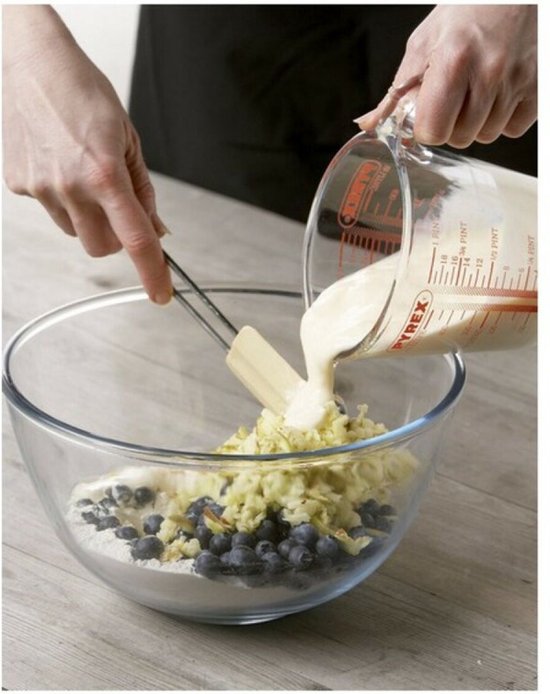 Maatbeker, 0,25 liter - transparant glas met rode letters  20.40x17.50x11.80cm - In milimeters