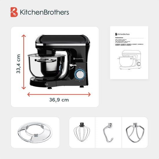 KitchenBrothers Keukenmachine – Incl. Mengkom & Opzetstukken – 1400 W – 38.7 x 23.8 x 31.4 cm – Zwart