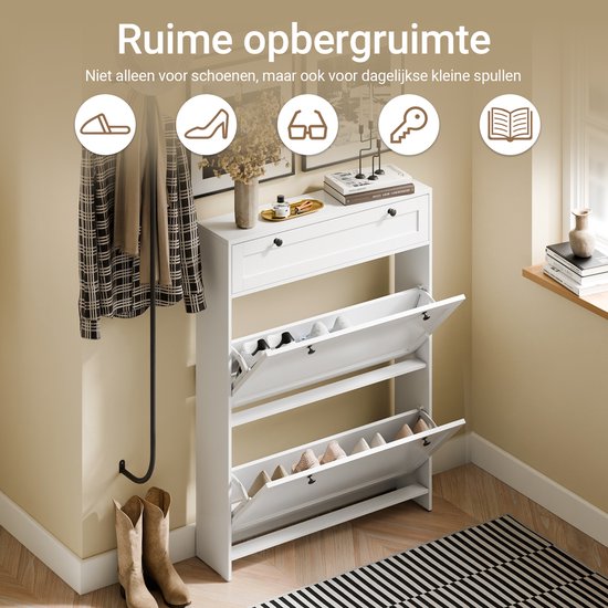 SoBuy – Schoenenkast Met 1 Lade – 80 x 19 x 107 cm & Met 2 Kanteldeuren – Voorzien Van Anti-tip Systeem En Silicone Voetjes – Voor Smalle Gangen En Entrees – Wit Mdf