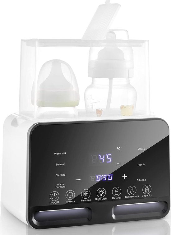 Fuegobird Dubbele Flesverwarming - Digitale Display Temperatuur - Opwarmen van Zuigelingenvoeding/Moedermelk/babyvoedsel - Snel Opwarmen - Stoomsterilisatie - Warmhouden en Ontdooien - Past op 2 Flessen - Zwart wit