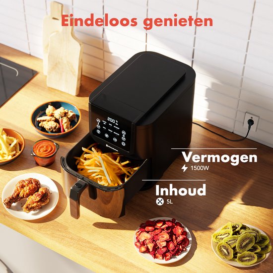 KitchenBrothers Airfryer XL - 5L - 1500W - Heteluchtfriteuse - 60ºC tot 200ºC - Small design - Extra stil - 6 Kookprogramma's - Zwart