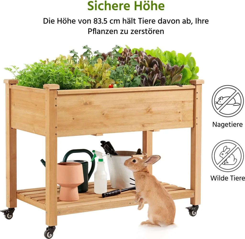 Yaheetech Verhoogde Houten Plantenbak met Wielen en Opbergplank - Lichtbruin - 105,5 x 56,5 x 83,5 cm