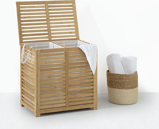 5Five Wasmand Bamboe hout - Met waszak - 65 liter - 40 x 38 x 58 cm - lichtbruin - met deksel
