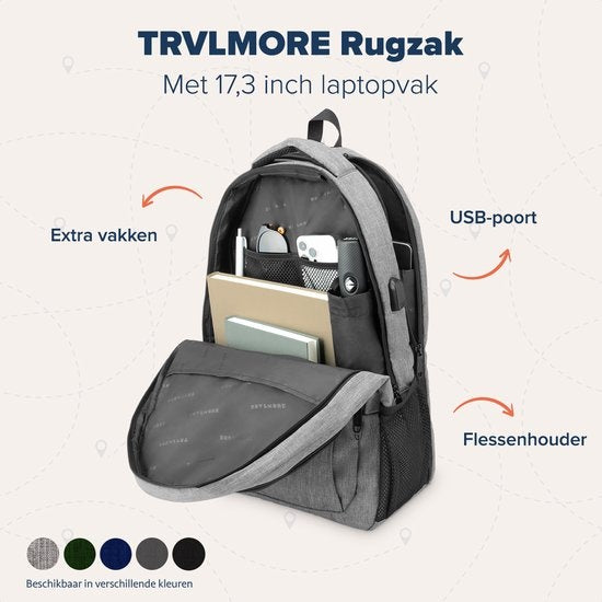 TRVLMORE Rugzak - 36L - 17,3 inch - Laptop Rugtas - Schooltas - Unisex - Spatwaterdicht Grijs