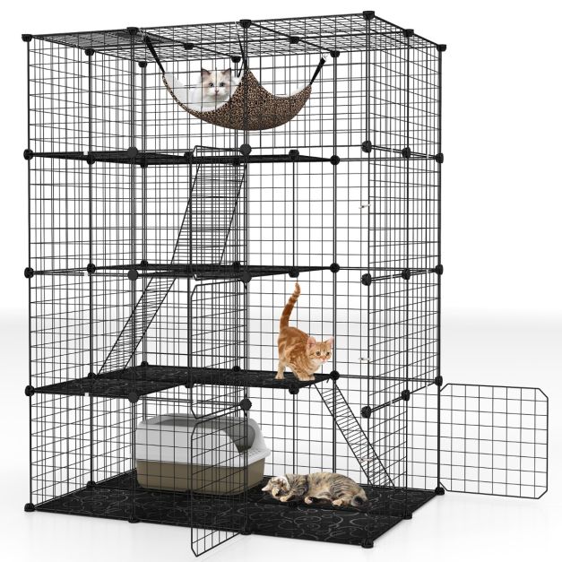 Ruime 4-laagse kattenkooi 143 cm hoog – Zwarte metalen draadkooi met hangmat, plateaus en ladders voor katten en kleine huisdieren