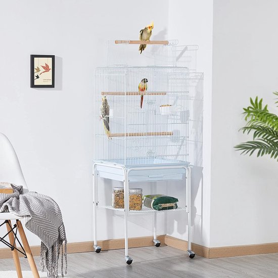 Yaheetech Vogelkooi voor Wellensittich, Kanarie en Papegaai - met Standaard, Speelgoed en Opbergruimte - Wit - 46,5 x 46,5 x 136 cm