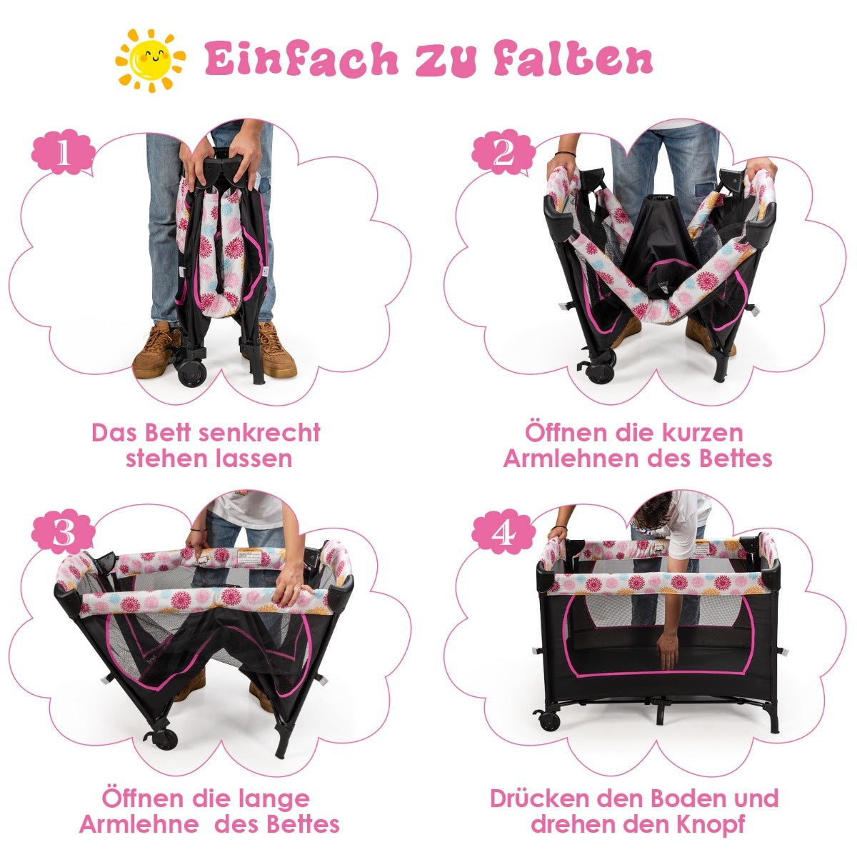 Coast babybed 4 in 1 opvouwbaar reisbed en zijbed & commentaar en playpen zwart+roze