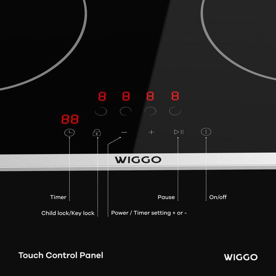 Wiggo WH-E614G(B) - Inbouw Inductiekookplaat - 60 cm - 4 kookzones - Slider bediening - 1 Fase Geen stekker - 5 jaar garantie - Zwart