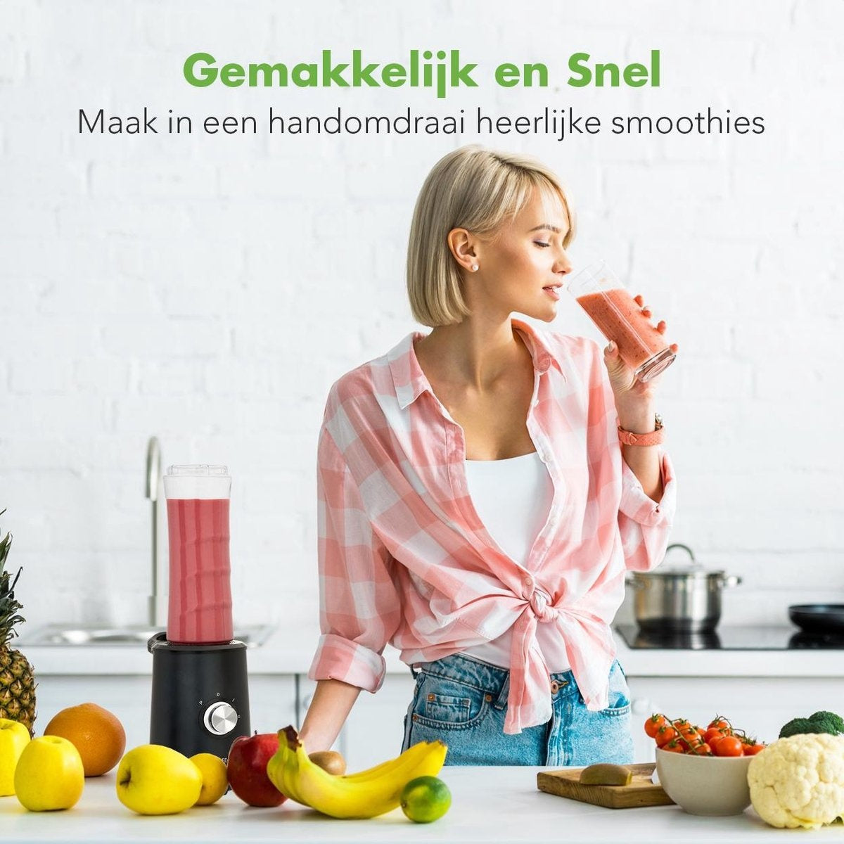KitchenBrothers Mini Blender - Smoothie Maker - 2 To-Go Bekers - 350W - Zwart
