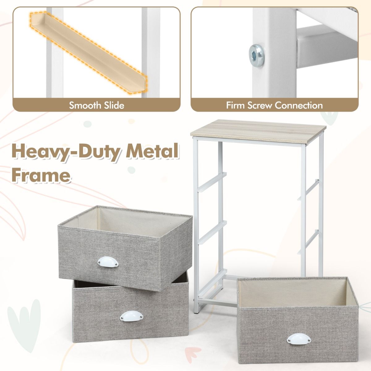 Coast Ladekast met 3 lades - Opbergmeubel met inklapbare lades - Metalen frame - Wit en lichtgrijs