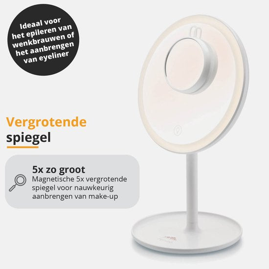 ETA Fenité Make Up Spiegel met Verlichting – Vergroot 5 Keer Magnetisch – Kantelbaar en Oplaadbaar via USB-C – Lichtkleur Instelbaar – Ø20 cm – Wit