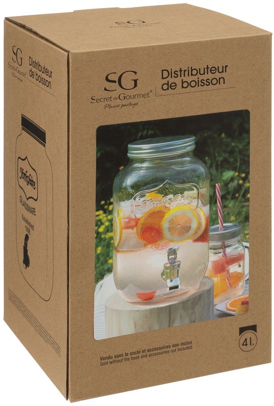 Secret de gourmet Glazen drank dispensers - 4 liter - kunststof kraantje en schroefdeksel - Sapdispenser - Drankdispenser