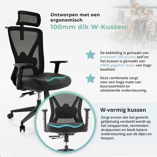 Backerz – Ergonomische Bureaustoel – 44-56 cm Zithoogte & EN1335 Gecertificeerd – Voorzien Van 3D Armleuningen En Verstelbare Lendensteun – Voor Kantoor En Gaming – Zwart Polypropeen En Mesh