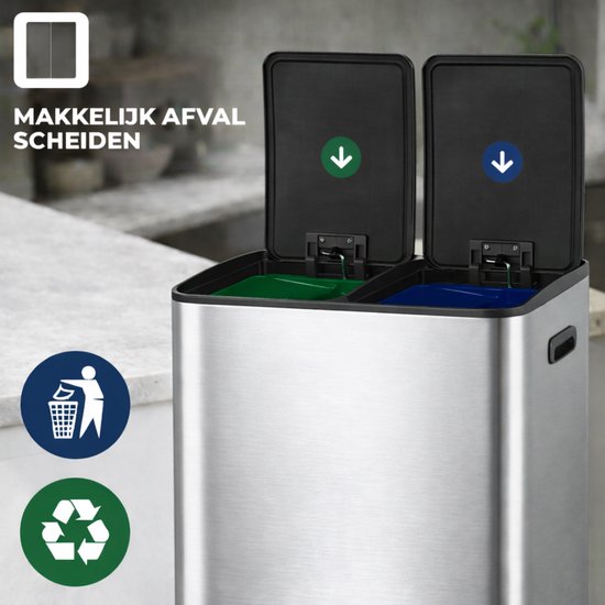 Bayt Prullenbak - Prullenbak 60 Liter (2x30) - Vuilnisbak 60 Liter - Pedaalemmer 60 Liter - Prullenbak Afvalscheiding - Prullenbak 2 Vakken - Afvalbak - RVS - Zilver