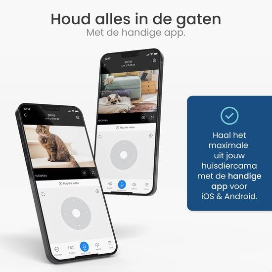 Gologi huisdiercamera - Hondencamera - Pet camera - Beveiligingscamera - Security camera - Voor alle huisdieren - Met wifi