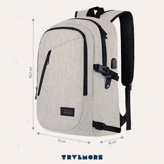 TRVLMORE Rugtas - 25L - 15,6 Inch - Laptop Rugzak met USB - Schooltas - Heren en Dames - Tas Champagne