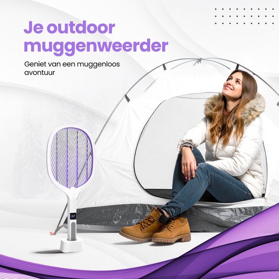 TTD® Premium Elektrische Vliegenmepper en Muggenlamp Oplaadbaar met XXL 2 Meter Oplaadkabel en LCD Scherm - 2 Standen Vliegenmepper en Muggenlamp - 2500 Volt - Oplaadbaar via USB en Stopcontact - Met Veiligheidsnet - UV-Licht - Vliegenvanger