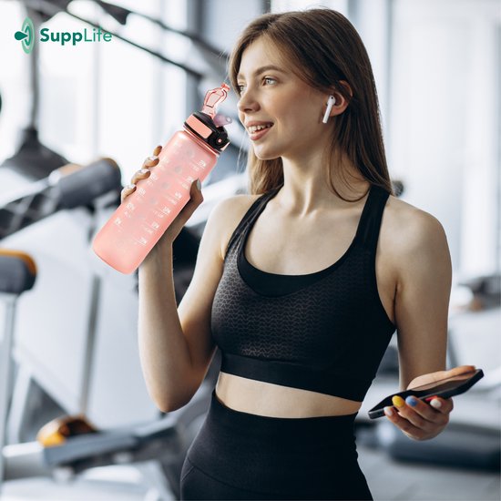 Supplife Bidon - 1 Liter - met Rietje - Motivatie - Sportbidon - BPA Vrij - Rose Goud