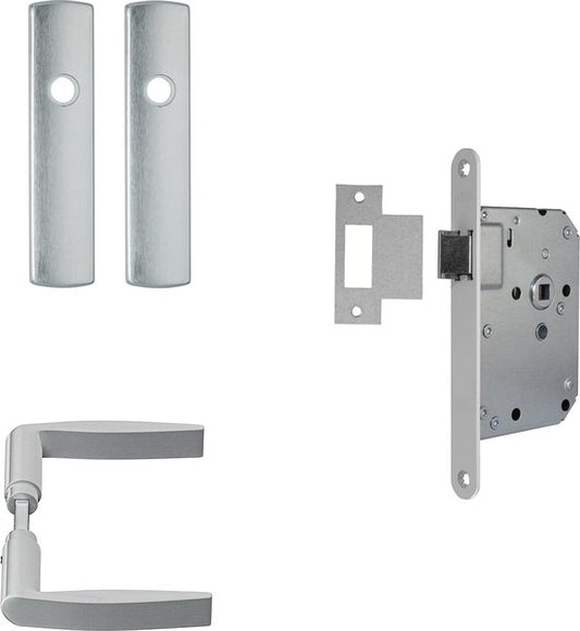 AXA Binnendeurbeslag set (Curve klik) Aluminium geslepen: Kruk (model Curve) op schild en slot met witte voorplaat