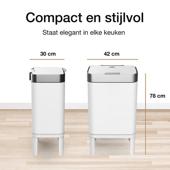Loftey Prullenbak 60 Liter – Push/touch Afvalbak - Duo Afvalemmer met binnenbak - Vuilbak 2 Vakken - Afvalscheiding 2x30L - Keuken - Wit/RVS