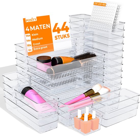 Posity Lade Organizer - 44 Stuks - Organizer Bakjes - Lade Bakjes - Opbergbakjes - Make-up Organizer - Voor Keuken, Badkamer & Bureau - Kunststof - Transparant