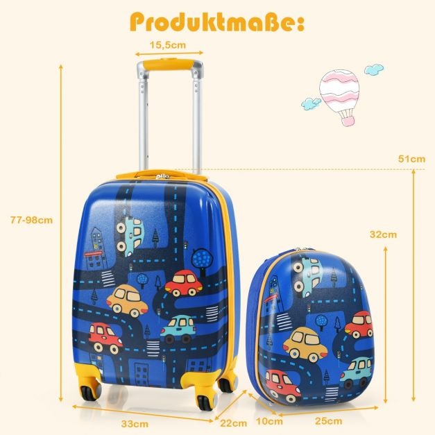 Coast Kinderkofferset 2-delig Kindertrolley + Rugzak Auto's Donkerblauw
