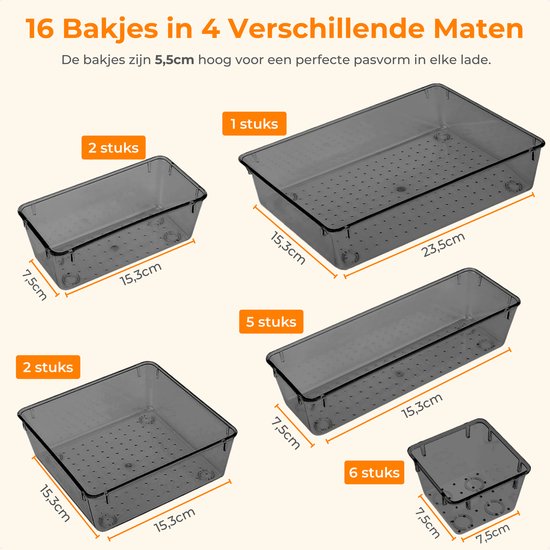 Posity Lade Organizer - 16 Stuks - Organizer Bakjes - Lade Bakjes - Opbergbakjes - Make-up Organizer - Voor Keuken, Badkamer & Bureau - Kunststof - Zwart Transparant